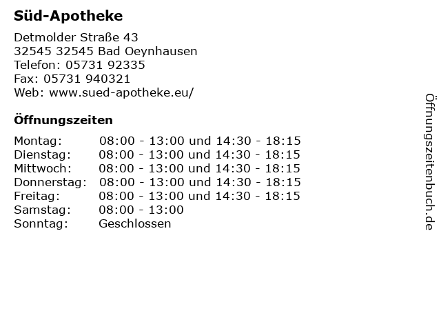 Süd-Apotheke in 32545 Bad Oeynhausen: Adresse und Öffnungszeiten