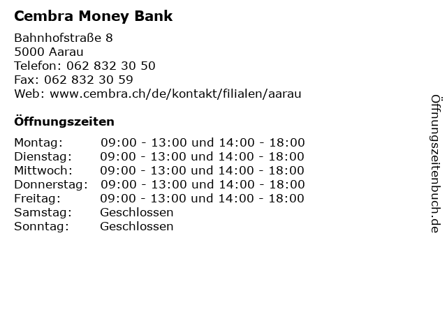Cembra Money Bank in Aarau: Adresse und Öffnungszeiten