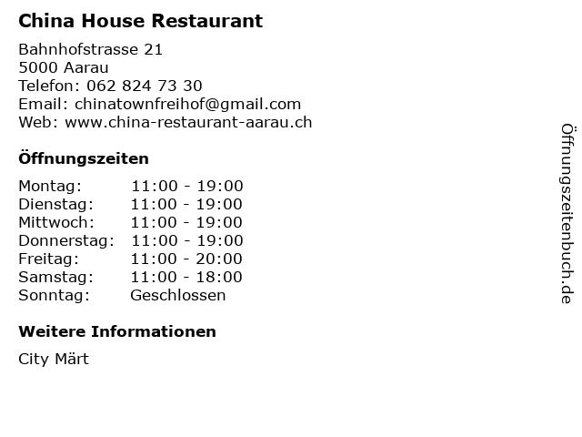 China House Restaurant in Aarau: Adresse und Öffnungszeiten