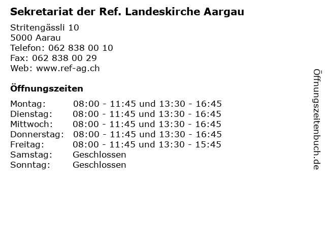 Sekretariat der Ref. Landeskirche Aargau in Aarau: Adresse und Öffnungszeiten
