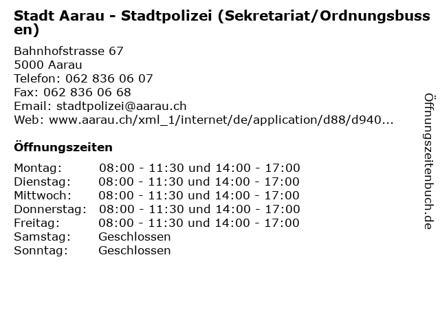 Stadt Aarau - Stadtpolizei (Sekretariat/Ordnungsbussen) in Aarau: Adresse und Öffnungszeiten