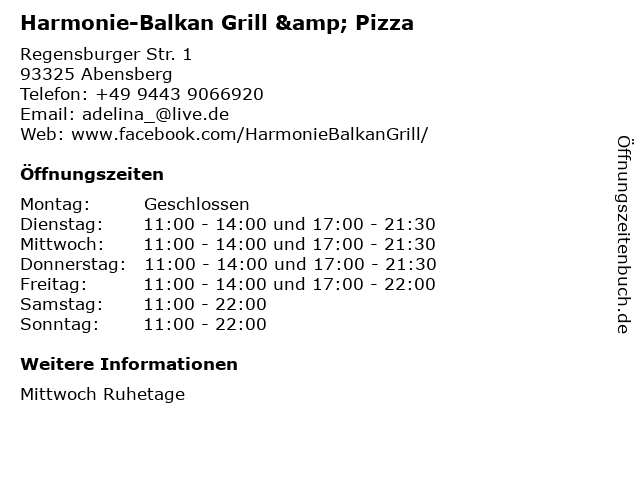 Harmonie-Balkan Grill & Pizza in Abensberg: Adresse und Öffnungszeiten