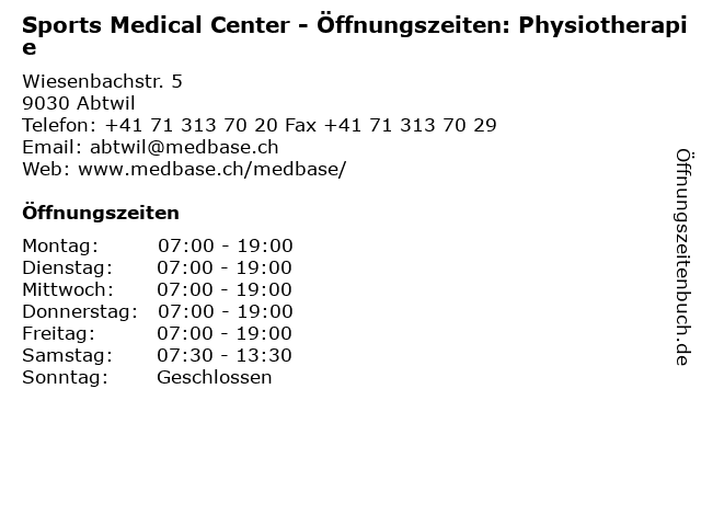 Sports Medical Center - Öffnungszeiten: Physiotherapie in Abtwil: Adresse und Öffnungszeiten