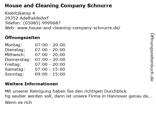 House and Cleaning Company Schnurre in Adelheidsdorf: Adresse und Öffnungszeiten