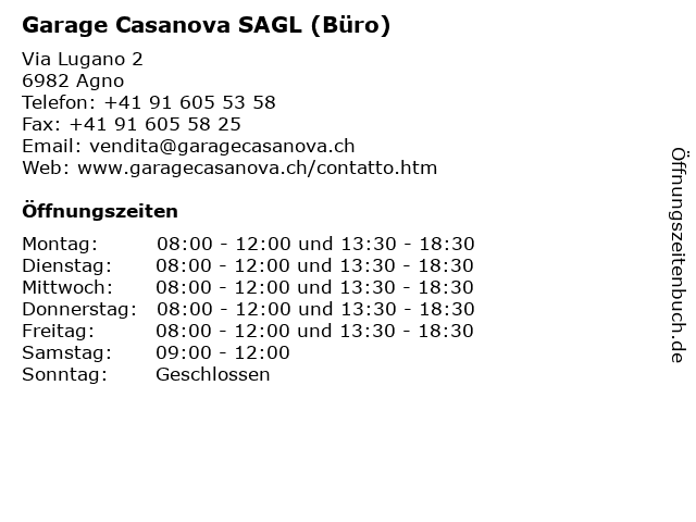 Garage Casanova SAGL (Büro) in Agno: Adresse und Öffnungszeiten