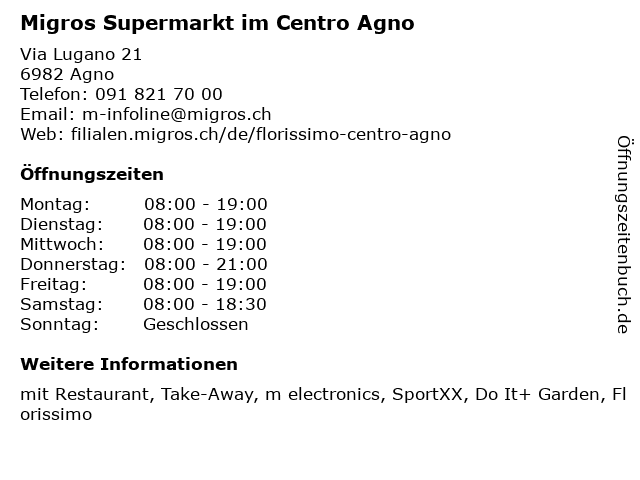Migros Supermarkt im Centro Agno in Agno: Adresse und Öffnungszeiten