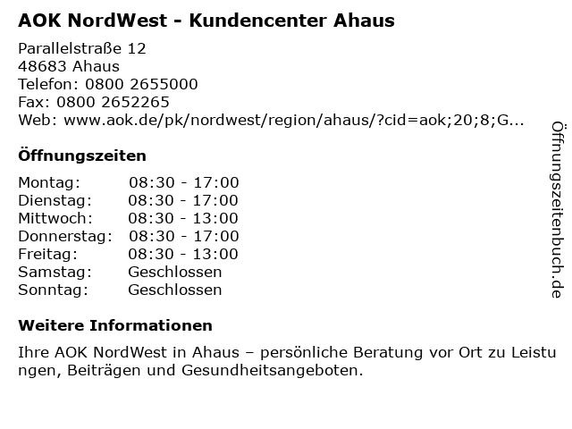 ᐅ Offnungszeiten Aok Nordwest Kundencenter Ahaus Parallelstr 12 In Ahaus