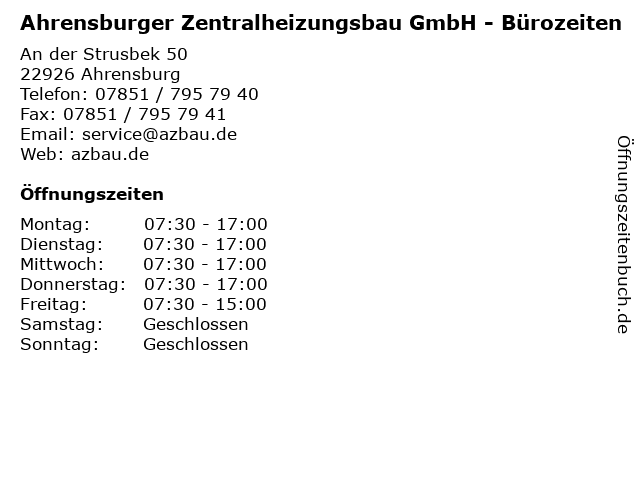 Ahrensburger Zentralheizungsbau GmbH - Bürozeiten in Ahrensburg: Adresse und Öffnungszeiten