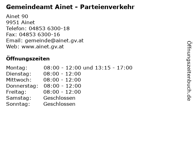 Gemeindeamt Ainet - Parteienverkehr in Ainet: Adresse und Öffnungszeiten