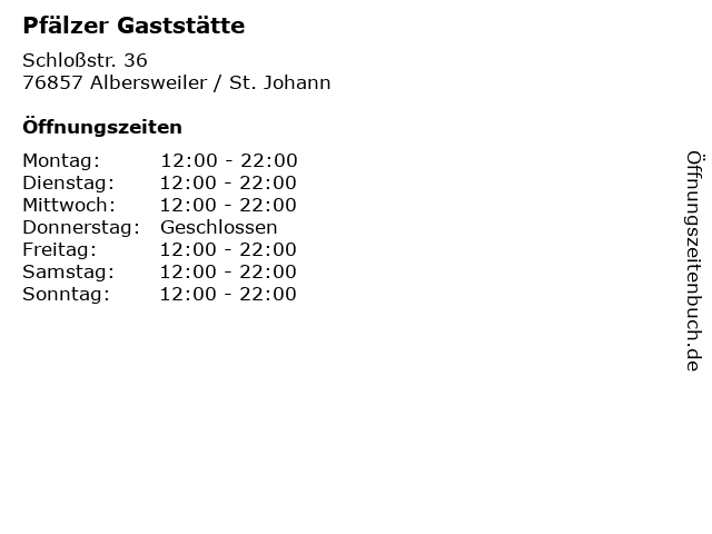 Pfälzer Gaststätte in Albersweiler / St. Johann: Adresse und Öffnungszeiten