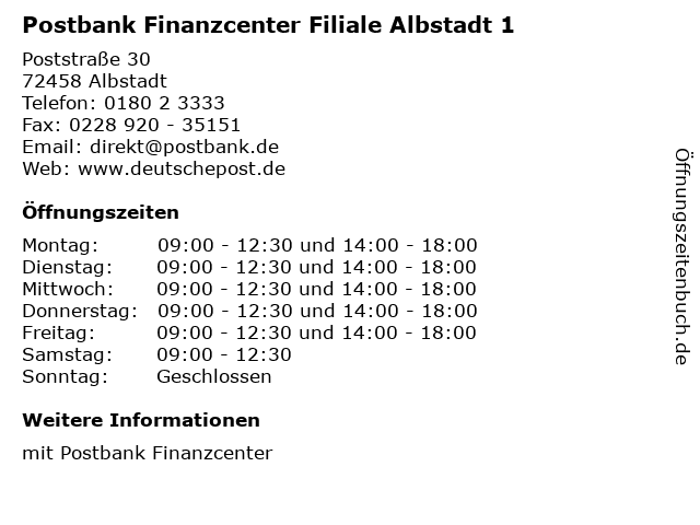 Postbank Finanzcenter Filiale Albstadt 1 in Albstadt: Adresse und Öffnungszeiten