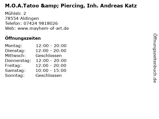 M.O.A.Tatoo & Piercing, Inh. Andreas Katz in Aldingen: Adresse und Öffnungszeiten
