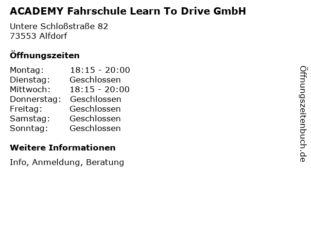 ACADEMY Fahrschule Learn To Drive GmbH in Alfdorf: Adresse und Öffnungszeiten