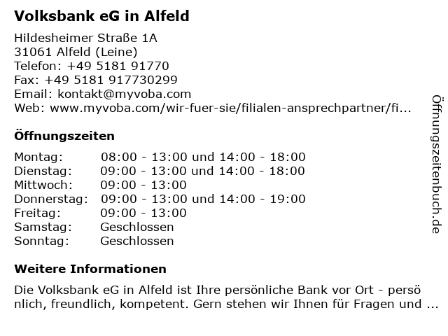 ᐅ Offnungszeiten Volksbank Eg In Alfeld Leinstrasse 12 In Alfeld Leine