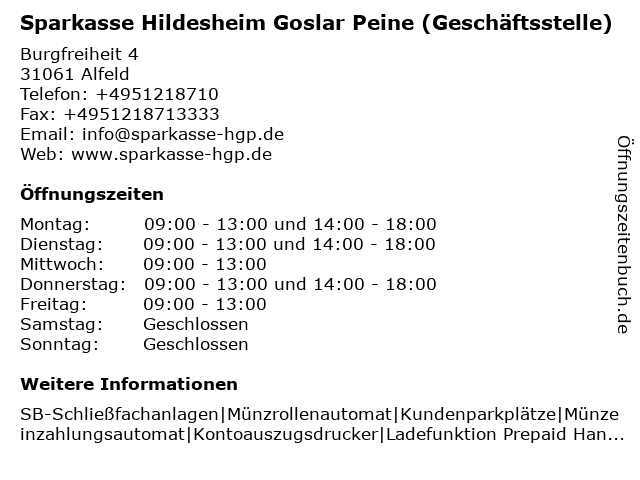 ᐅ Offnungszeiten Sparkasse Hildesheim Goslar Peine Geldautomat Geschaftsstelle Burgfreiheit 4 In Alfeld