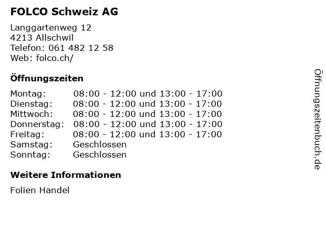FOLCO Schweiz AG in Allschwil: Adresse und Öffnungszeiten