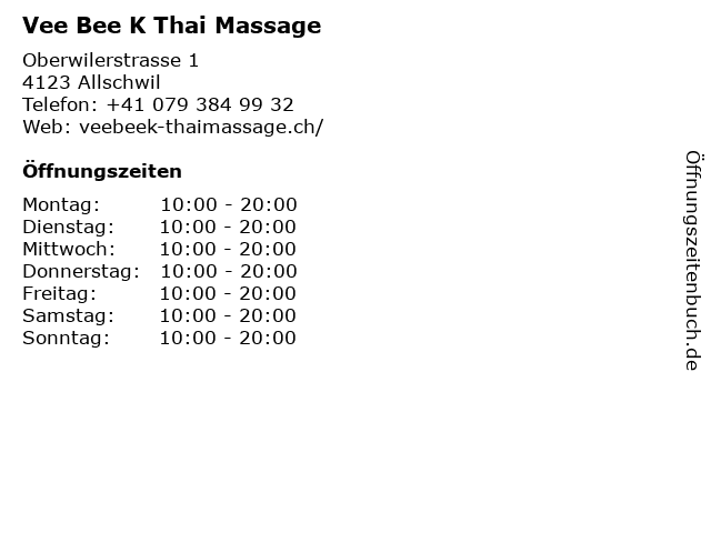 Vee Bee K Thai Massage in Allschwil: Adresse und Öffnungszeiten