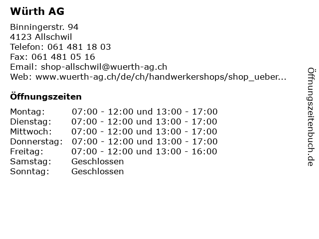 Würth AG in Allschwil: Adresse und Öffnungszeiten