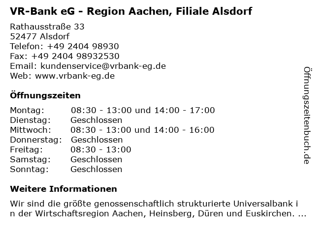ᐅ Offnungszeiten Vr Bank Eg Region Aachen Geschaftsstelle