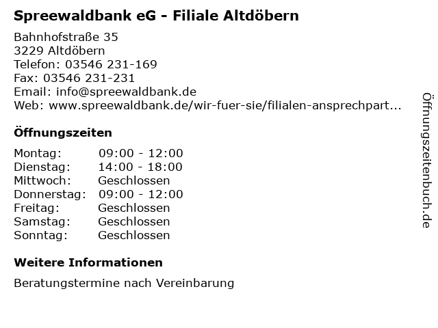 Spreewaldbank eG - Filiale Altdöbern in Altdöbern: Adresse und Öffnungszeiten