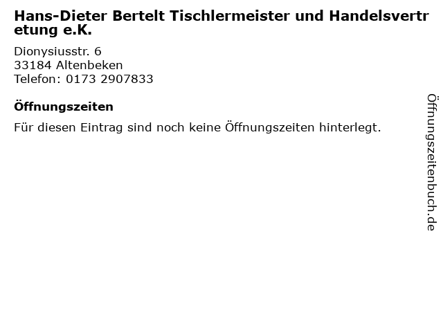 Hans-Dieter Bertelt Tischlermeister und Handelsvertretung e.K. in Altenbeken: Adresse und Öffnungszeiten