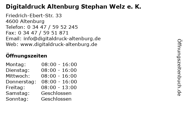 Digitaldruck Altenburg Stephan Welz e. K. in Altenburg: Adresse und Öffnungszeiten