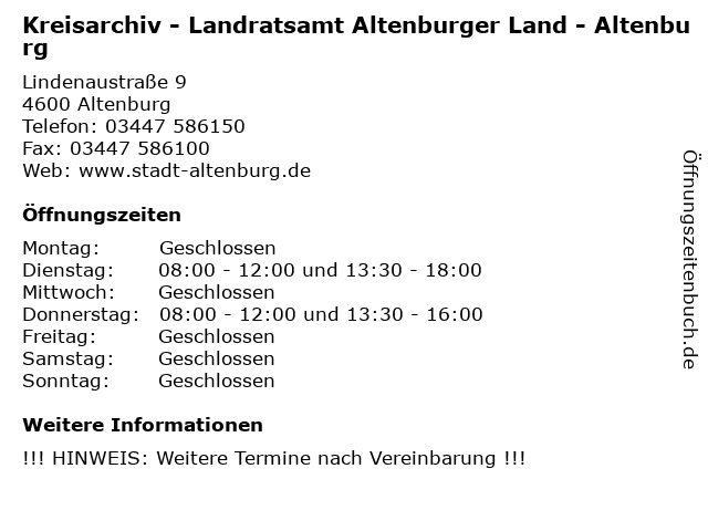 Kreisarchiv - Landratsamt Altenburger Land - Altenburg in Altenburg: Adresse und Öffnungszeiten