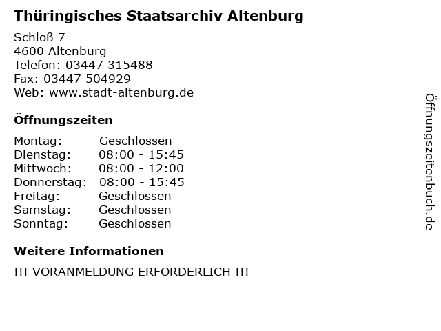 Thüringisches Staatsarchiv Altenburg in Altenburg: Adresse und Öffnungszeiten