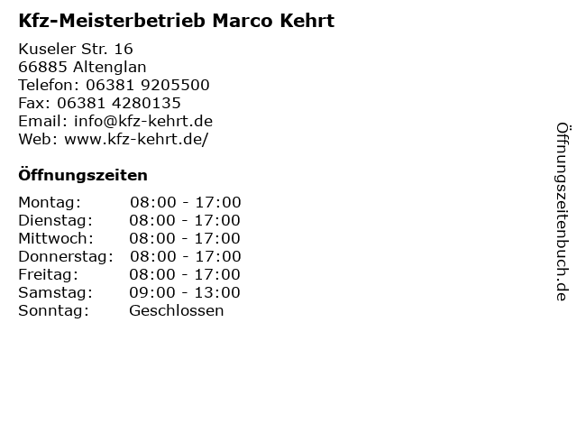 Kfz-Meisterbetrieb Marco Kehrt in Altenglan: Adresse und Öffnungszeiten