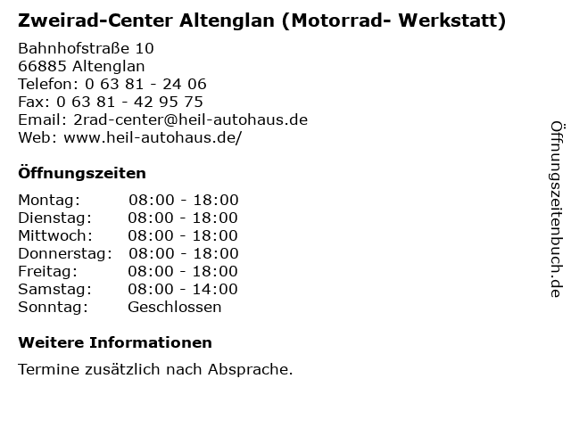 Zweirad-Center Altenglan (Motorrad- Werkstatt) in Altenglan: Adresse und Öffnungszeiten