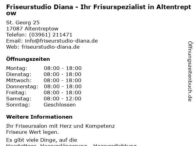 Friseurstudio Diana - Ihr Frisurspezialist in Altentreptow in Altentreptow: Adresse und Öffnungszeiten