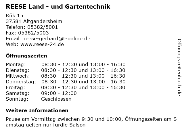 REESE Land - und Gartentechnik in Altgandersheim: Adresse und Öffnungszeiten