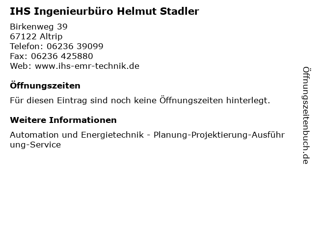 IHS Ingenieurbüro Helmut Stadler in Altrip: Adresse und Öffnungszeiten