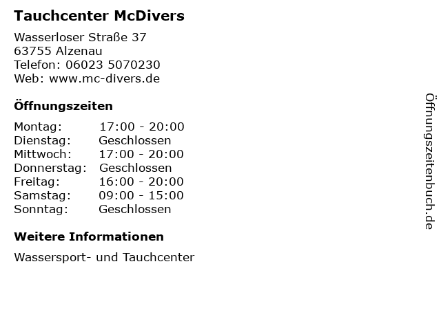 Tauchcenter McDivers in Alzenau: Adresse und Öffnungszeiten