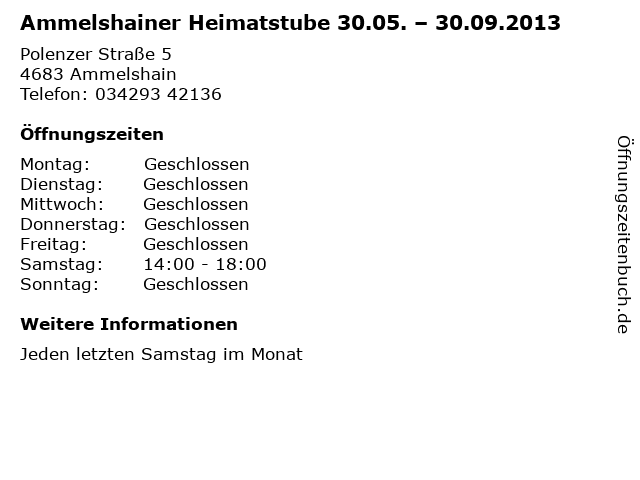 Ammelshainer Heimatstube 30.05. – 30.09.2013 in Ammelshain: Adresse und Öffnungszeiten