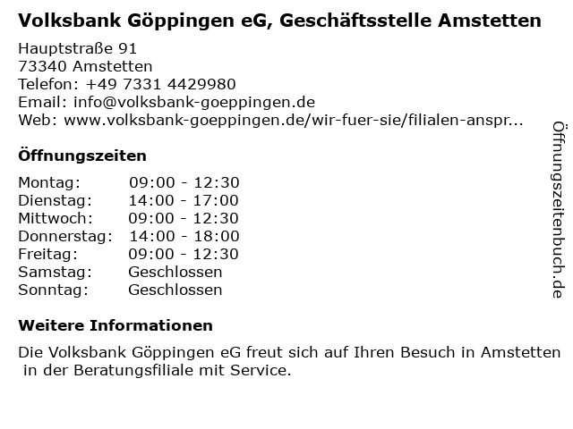Volksbank Göppingen eG, Geschäftsstelle Amstetten in Amstetten: Adresse und Öffnungszeiten