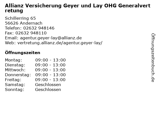 ᐅ Offnungszeiten Allianz Versicherung Christian Geyer Hauptvertretung Schillerring 65 In Andernach