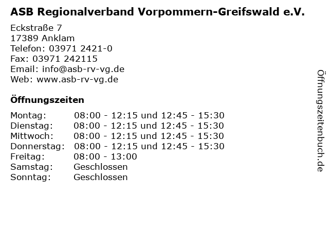 ASB Regionalverband Vorpommern-Greifswald e.V. in Anklam: Adresse und Öffnungszeiten