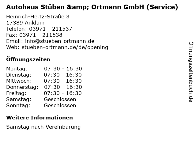 Autohaus Stüben & Ortmann GmbH (Service) in Anklam: Adresse und Öffnungszeiten
