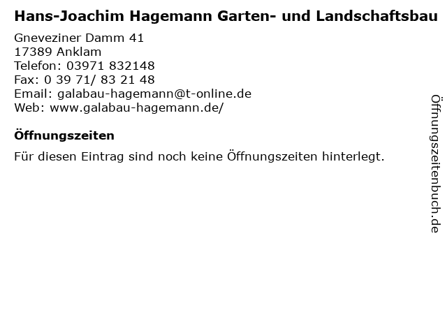 Hans-Joachim Hagemann Garten- und Landschaftsbau in Anklam: Adresse und Öffnungszeiten