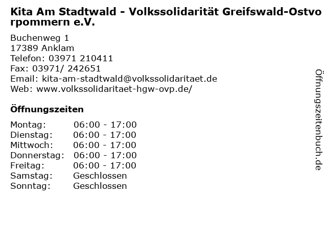 Kita Am Stadtwald - Volkssolidarität Greifswald-Ostvorpommern e.V. in Anklam: Adresse und Öffnungszeiten