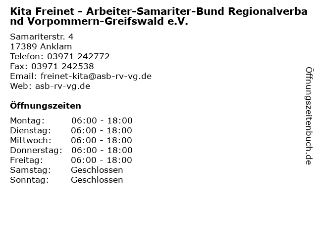 Kita Freinet - Arbeiter-Samariter-Bund Regionalverband Vorpommern-Greifswald e.V. in Anklam: Adresse und Öffnungszeiten