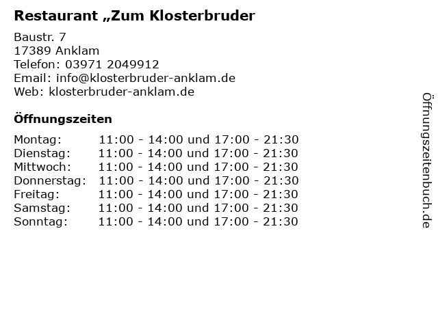 Restaurant „Zum Klosterbruder in Anklam: Adresse und Öffnungszeiten
