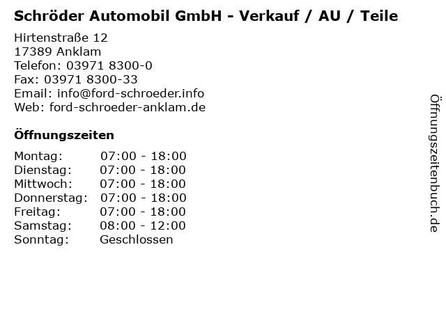 Schröder Automobil GmbH - Verkauf / AU / Teile in Anklam: Adresse und Öffnungszeiten