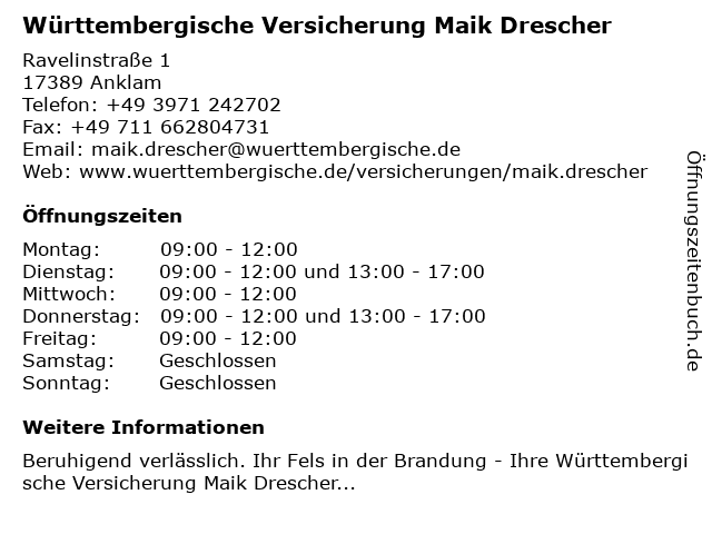 Württembergische Versicherung Maik Drescher in Anklam: Adresse und Öffnungszeiten
