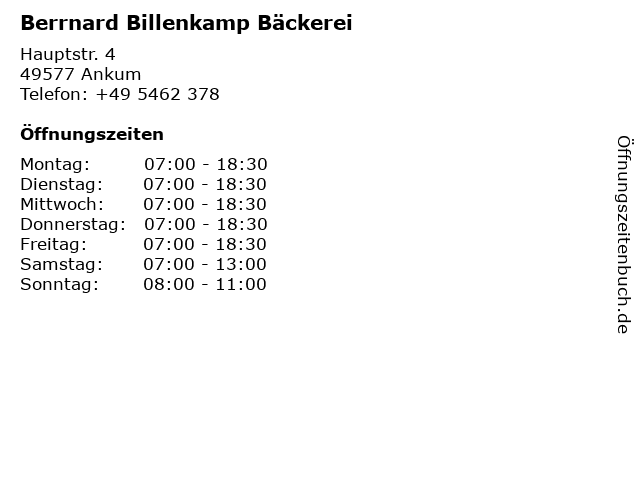 Berrnard Billenkamp Bäckerei in Ankum: Adresse und Öffnungszeiten