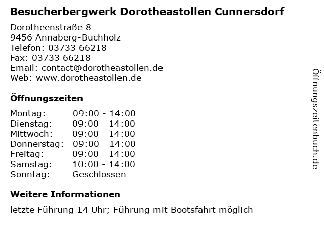 Besucherbergwerk Dorotheastollen Cunnersdorf in Annaberg-Buchholz: Adresse und Öffnungszeiten