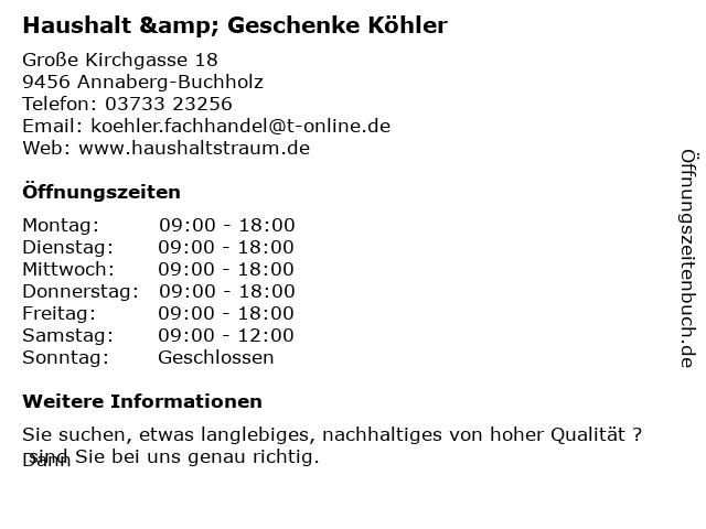 Haushalt & Geschenke Köhler in Annaberg-Buchholz: Adresse und Öffnungszeiten