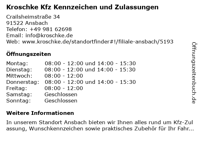 Kfz Zulassungen und Kennzeichen Kroschke in Ansbach: Adresse und Öffnungszeiten