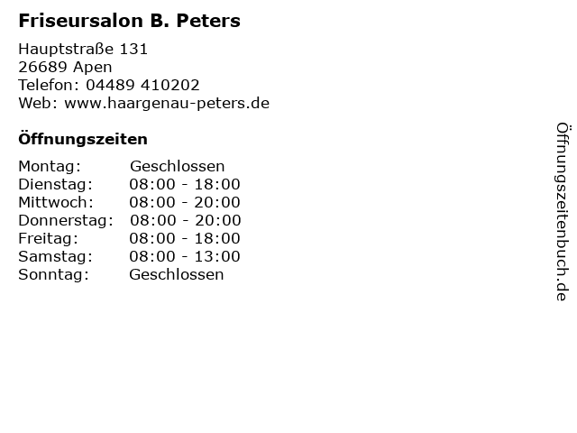Friseursalon B. Peters in Apen: Adresse und Öffnungszeiten